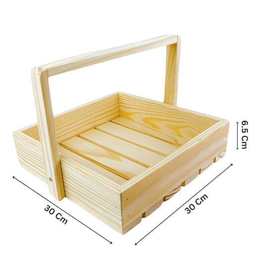 Pine Wood Gifting Basket With Wooden Handle, Fancy Handmade Basket (Square Basket)